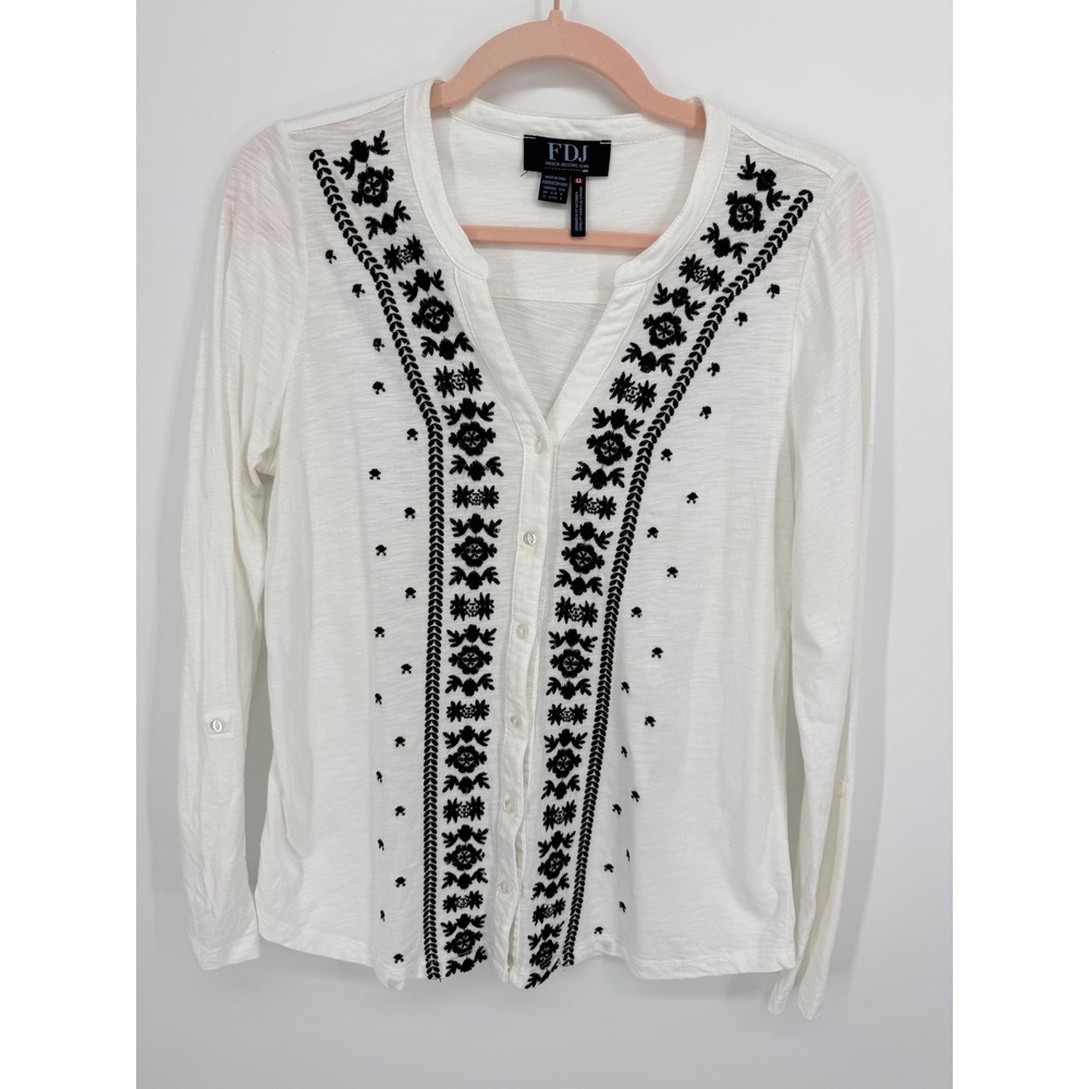 FDJ French Dressing Jeans Top Womens Small White Black Embroidered Roll Tab Boho